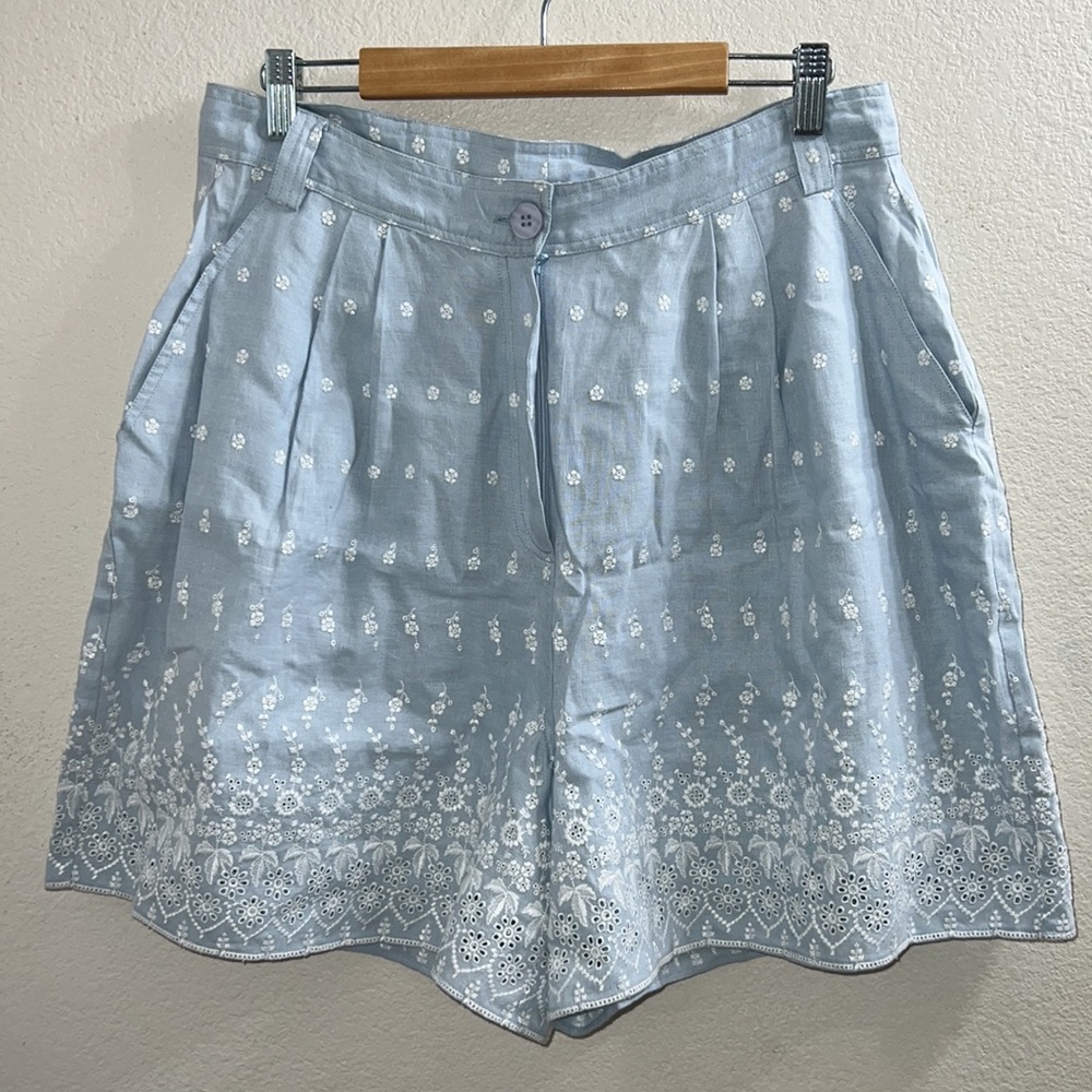 By TiMo High Rise Embroidered Shorts Light Blue/White SZ L NWOT